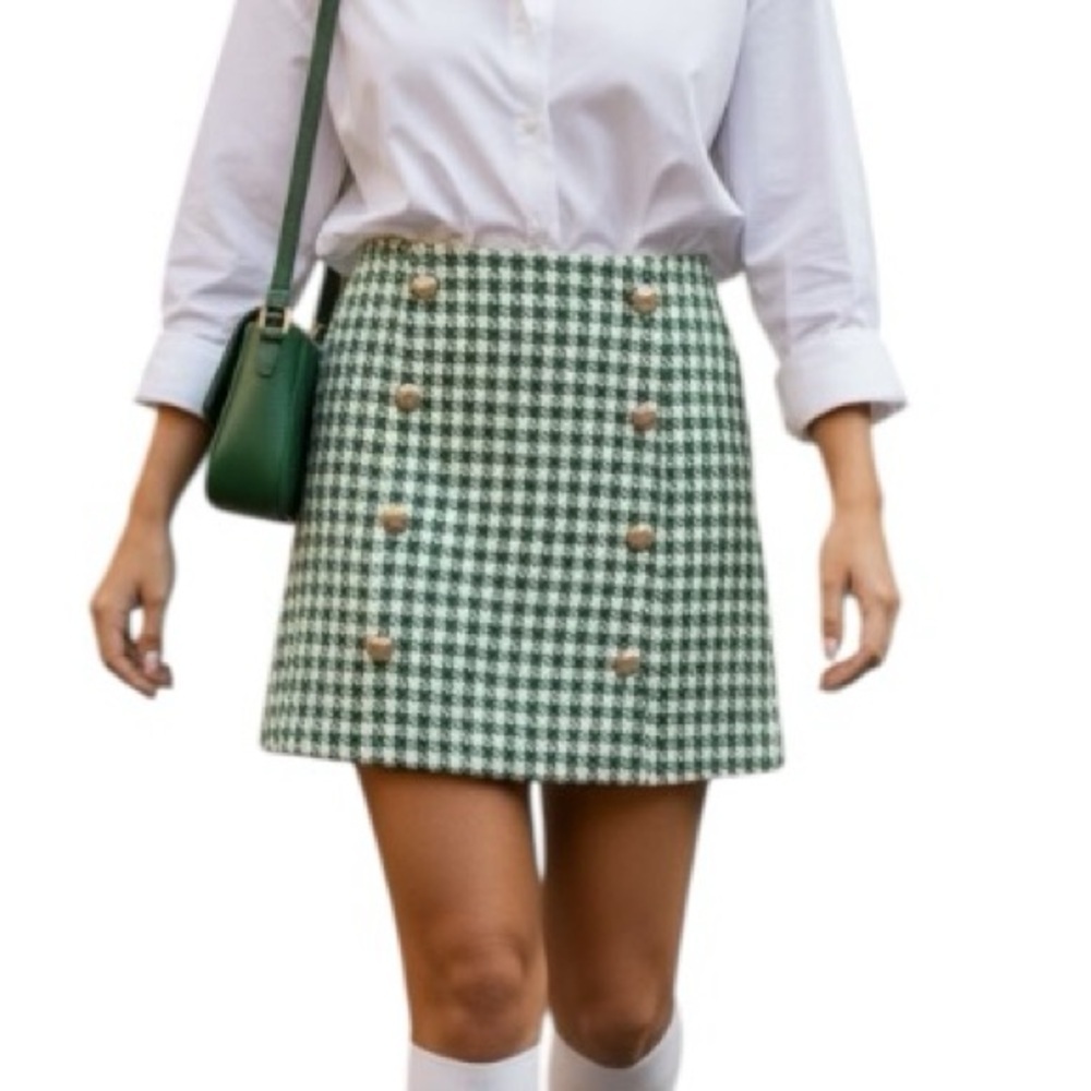 NWOT Dee Elly Medium Green White Houndstooth Retro Mini Skirt Preppy Academia